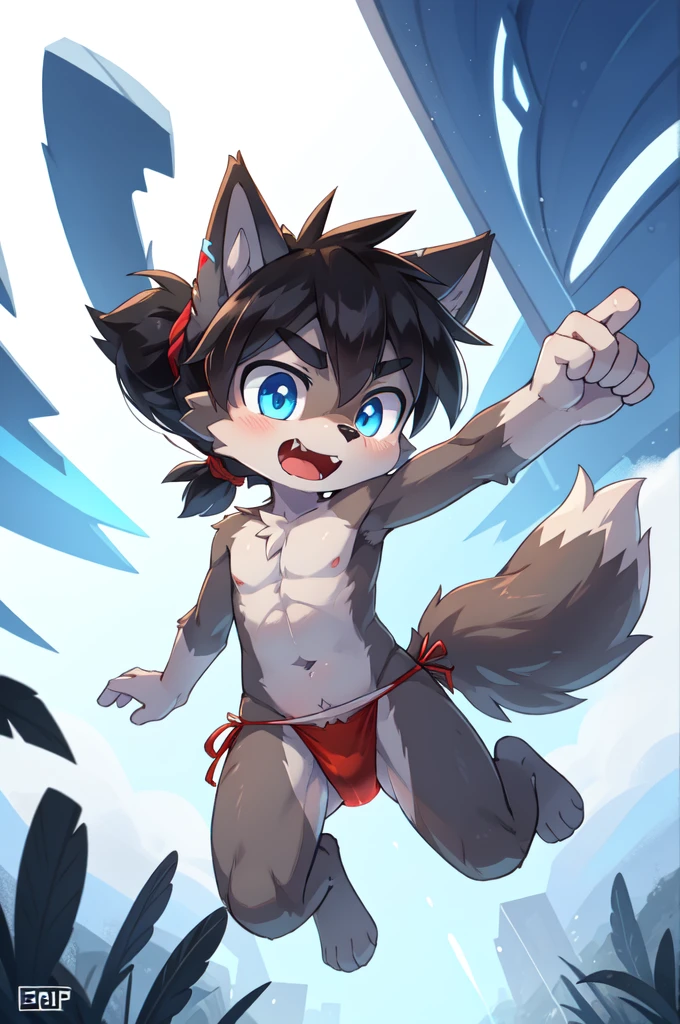score_9,score_8_up,score_7_up, source_cartoon, source_furry, Furry shota, young, wolf, black hair, long spiky ponytail, blue eyes, detailed body fur, ((red fundoshi)), looking at another, fangs, clear grey body fur, detailed face, big eyebrows, detailed eyes, detailed body, detailed body fur, detailed hands, glistering body, shiny body, skinny, uperbody, solo, skinny, running, jump towards viewer, :3, open mouth, glowing blue eyes, white background, simple background, from above, fight, dynamic action shot,