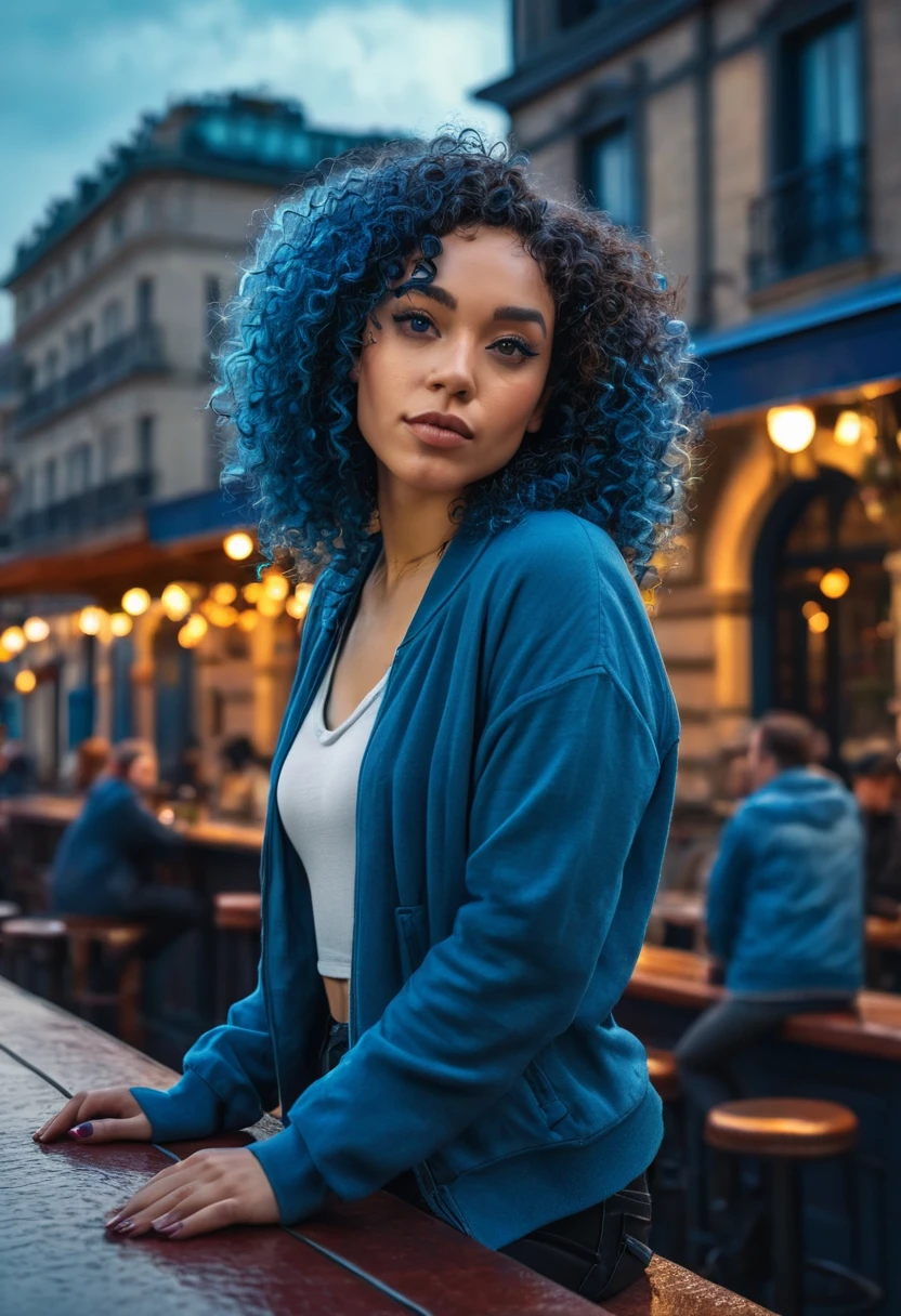 a beautiful mixed-race woman with blue curly hair, sitting on a bar terrace in a city, detailed face, warm lighting, detailed architecture, cinematic composition, atmospheric, moody, vibrant colors, (best quality,4k,8k,highres,masterpiece:1.2),ultra-detailed,(realistic,photorealistic,photo-realistic:1.37)