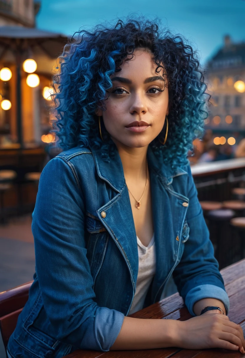 a beautiful mixed-race woman with blue curly hair, sitting on a bar terrace in a city, detailed face, warm lighting, detailed architecture, cinematic composition, atmospheric, moody, vibrant colors, (best quality,4k,8k,highres,masterpiece:1.2),ultra-detailed,(realistic,photorealistic,photo-realistic:1.37)