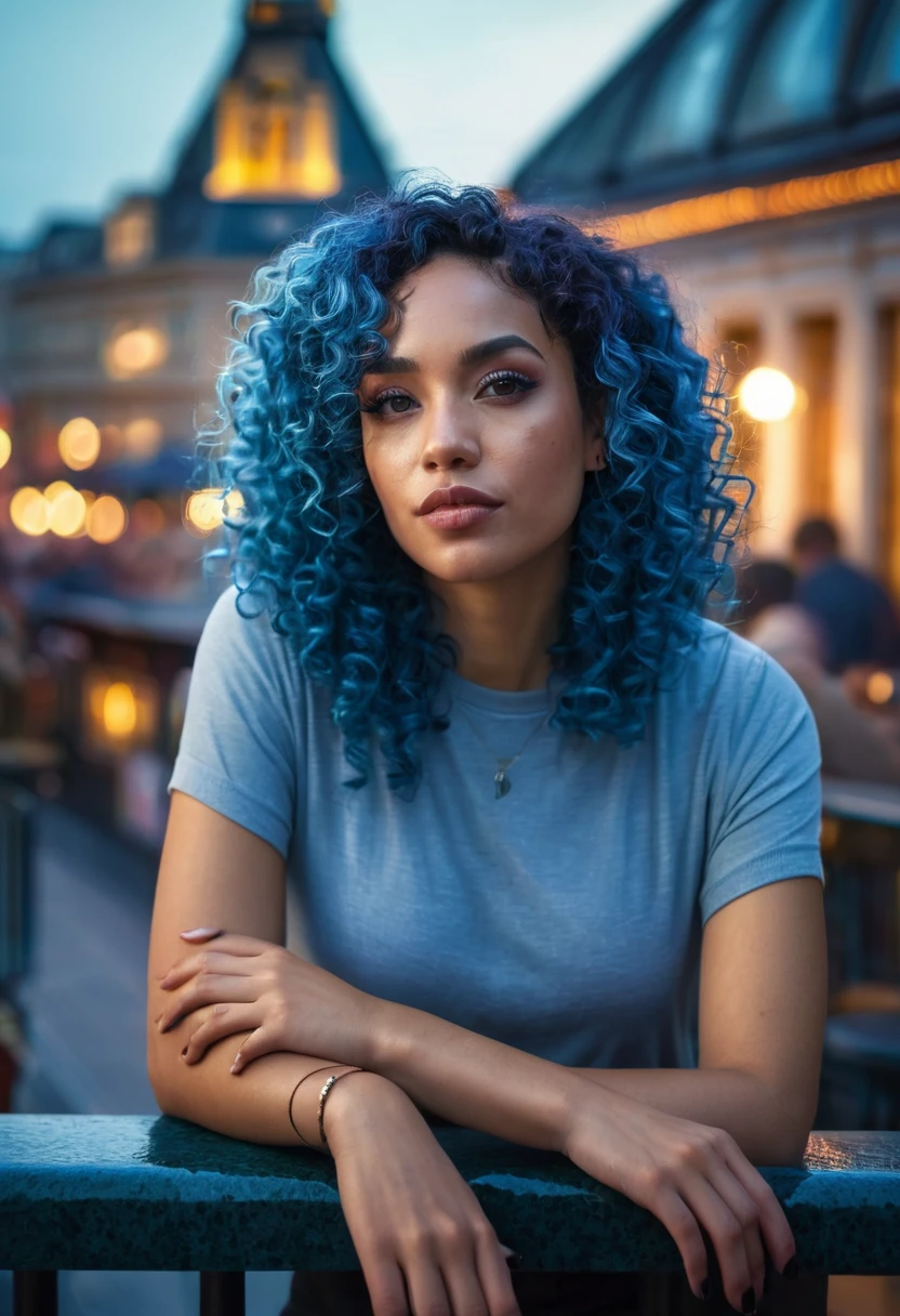 a beautiful mixed-race woman with blue curly hair, sitting on a bar terrace in a city, detailed face, warm lighting, detailed architecture, cinematic composition, atmospheric, moody, vibrant colors, (best quality,4k,8k,highres,masterpiece:1.2),ultra-detailed,(realistic,photorealistic,photo-realistic:1.37)