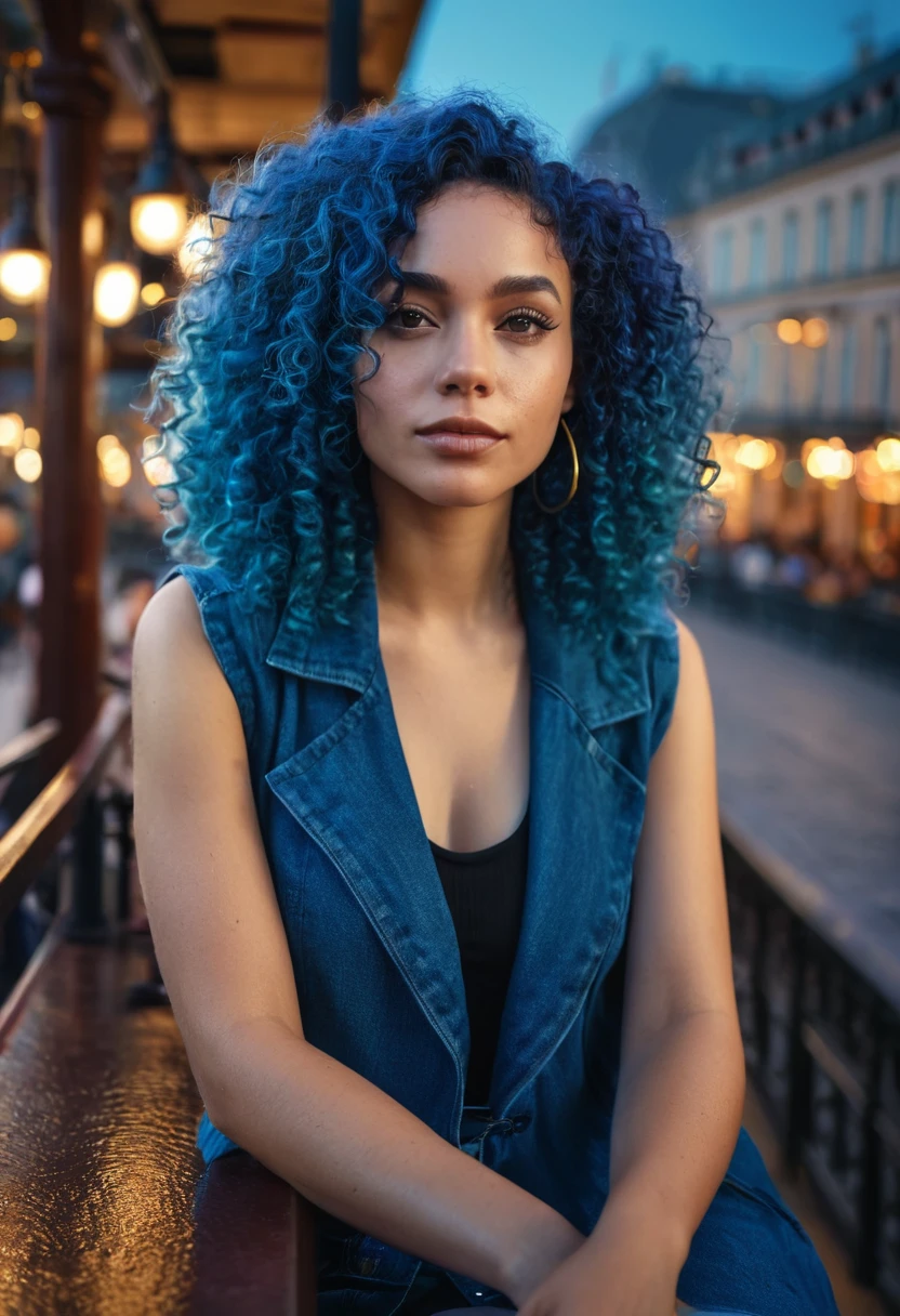 a beautiful mixed-race woman with blue curly hair, sitting on a bar terrace in a city, detailed face, warm lighting, detailed architecture, cinematic composition, atmospheric, moody, vibrant colors, (best quality,4k,8k,highres,masterpiece:1.2),ultra-detailed,(realistic,photorealistic,photo-realistic:1.37)