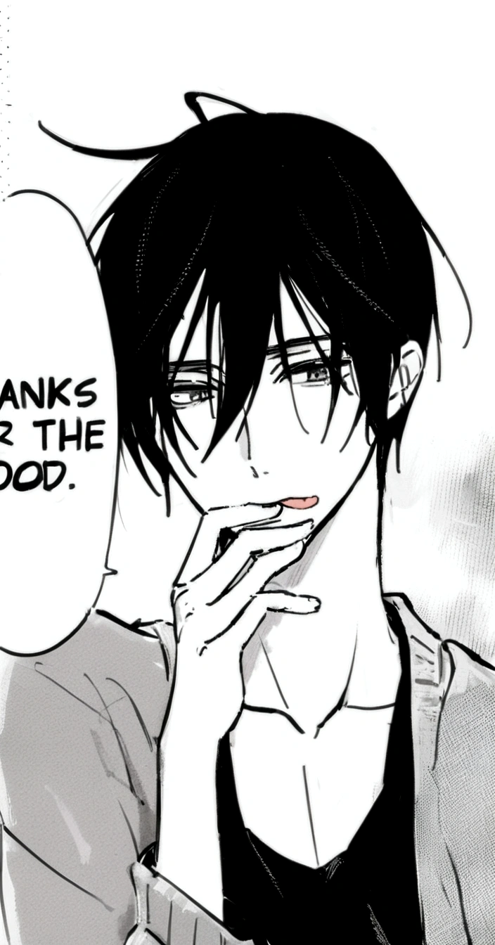 Tall skinny white 20 year old male, medium scene dark hair, licking fingers, long grey cardigan, black shirt