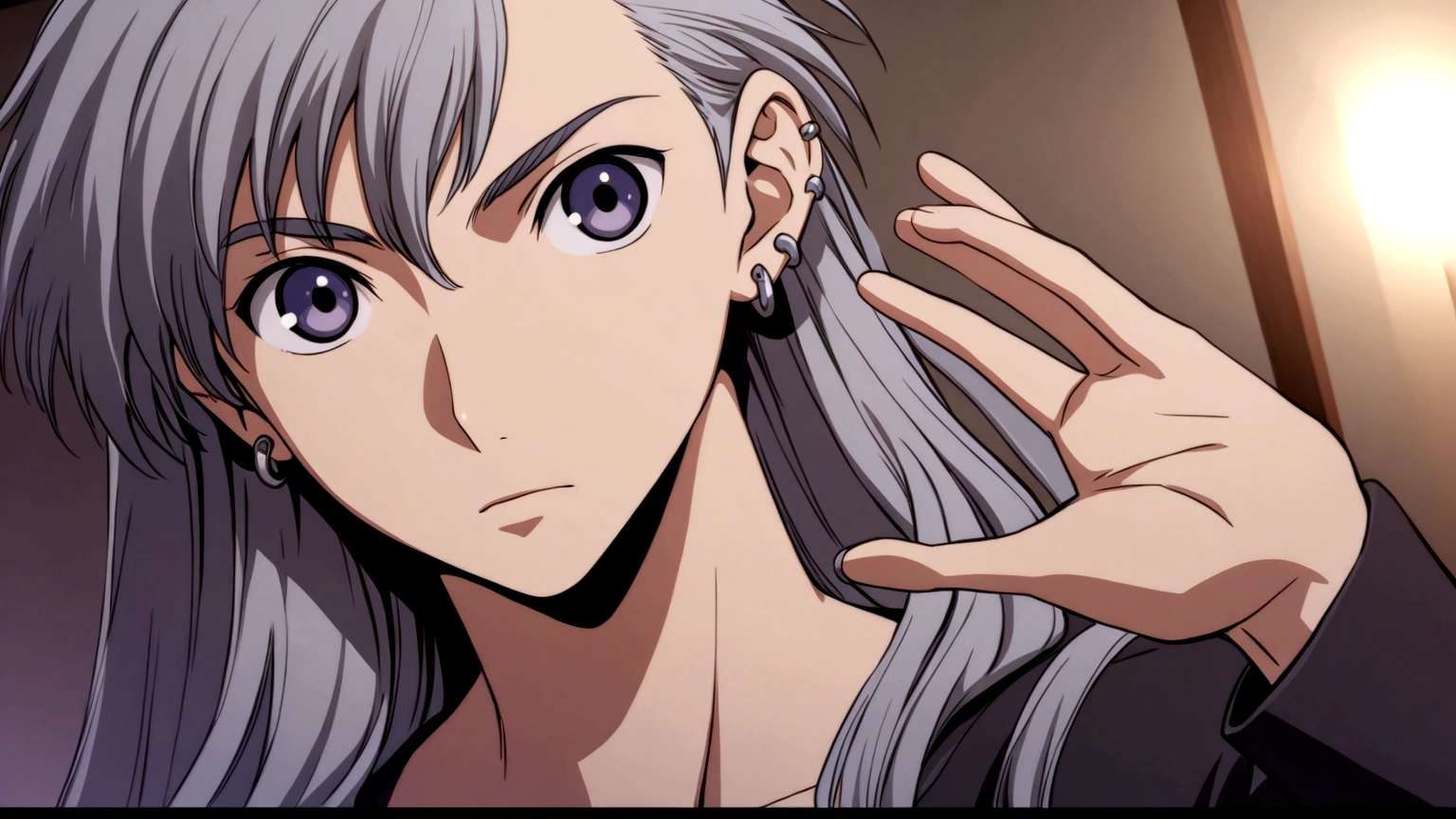 a close up of a person with long hair and ear piercings, it has a piercing gaze, kentaro miura style, anime handsome man, kentaro miura!, tsurumaki kazuya, fukaya yuichiro, up close shot shinji aramaki, miura kentaro style, inspired by Okumura Masanobu