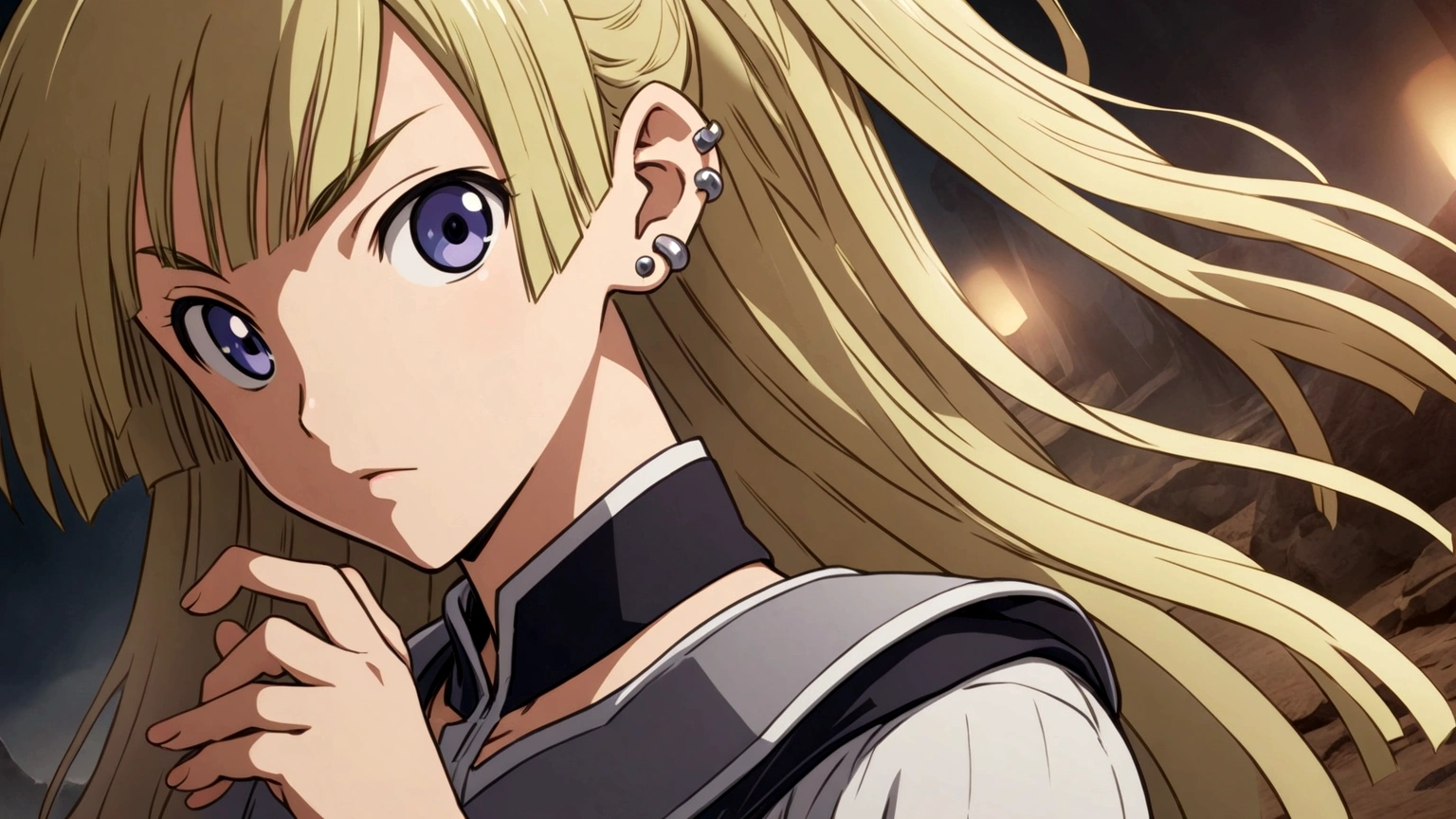 a close up of a person with long hair and ear piercings, it has a piercing gaze, kentaro miura style, anime handsome man, kentaro miura!, tsurumaki kazuya, fukaya yuichiro, up close shot shinji aramaki, miura kentaro style, inspired by Okumura Masanobu