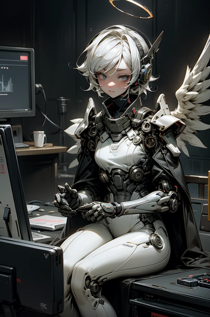 anime style, super fine illustration, highly detailed, dynamic angle, beautiful detailed, 8K, At night, in a dark room, Blake. A woman sits in front of her computer, unable to sleep. BREAK She is wearing a headset with a microphone and holding a video game controller, BREAK She is playing a game.God,Angel wings,goggles,God game,white hair,Angel Halo,perfect face,perfect hands,short hair,sharp eyes,perfect contoroller,Insanity,8k quality,Break a robot game,on desktop,Break God is watching from beside me
