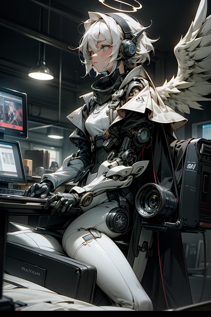 anime style, super fine illustration, highly detailed, dynamic angle, beautiful detailed, 8K, At night, in a dark room, Blake. A woman sits in front of her computer, unable to sleep. BREAK She is wearing a headset with a microphone and holding a video game controller, BREAK She is playing a game.God,Angel wings,goggles,God game,white hair,Angel Halo,perfect face,perfect hands,short hair,sharp eyes,perfect contoroller,Insanity,8k quality,Break a robot game,on desktop,Break God is watching from beside me