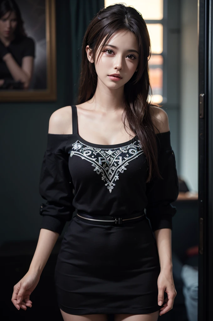 Fantasy art, photorealism, dynamic lighting, artstation, poster, volumetric lighting, very detailed faces, (official uniform: 1.4), long hair, sweater, delicate collarbone, bare shoulders, full breasts pussy