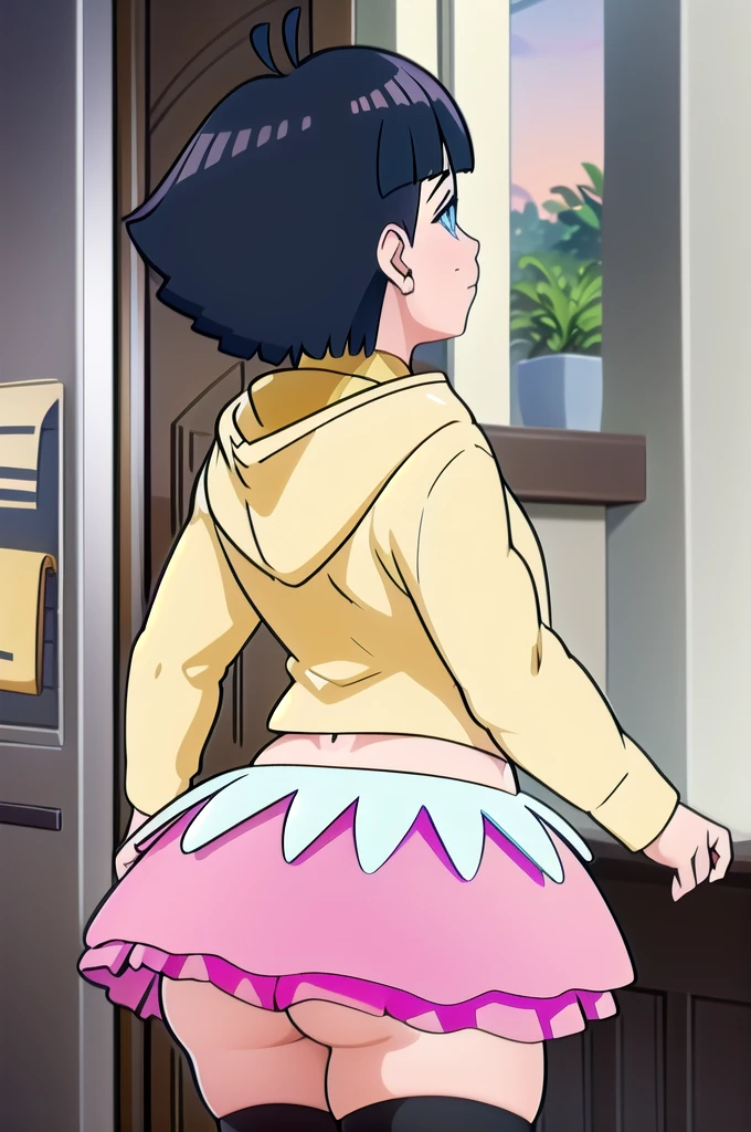 1girl, himawari, tight yellow hoodie, short pink skirt, tight black stockings, thick and juicy thighs, round and extremely fleshy butt cheeks, wide hips, indoors, masterpiece, best quality, detailed