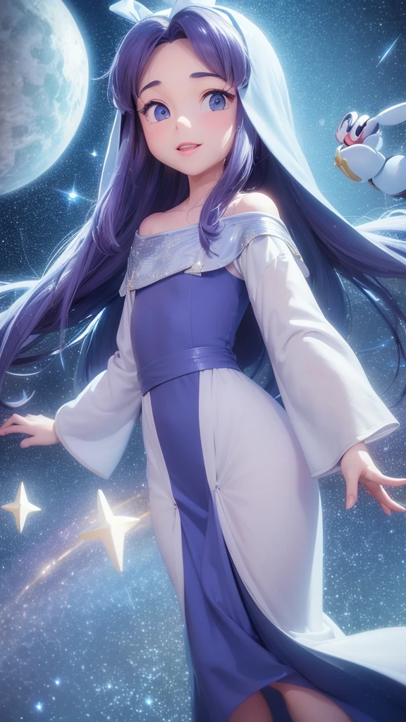 Jesus 2D Animation (((( Disney animation style)))), render an image of Jesus Christ gazing upwards towards the heavenly night sky. His face should be filled with wonder and awe, illuminated by the soft glow of the stars twinkling above. The night should be rich with deep blues and purples, with wisps of clouds gently drifting across the celestial expanse. Jesus' robes should be draped elegantly, with folds and creases that capture the Disney attention to detail. The overall scene should evoke a sense of spirituality, hope, and connection with the divine".