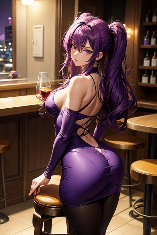 Draw Misha Fox, a unique female character. Waist-length purple hair all messed up. thin purple eyebrows, purple eyes. sleepy facial expression. small, firm and perky breasts, thin waist, big and perky butt, athletic body.
Later, the two met in a cozy bar in the city center. Misha arrived a little later, attracting stares as soon as she entered. She wore a tight, short burgundy dress that highlighted her curves provocatively. Her high heels made her look even taller and more confident. Her purple hair was loose, falling in perfect waves over her shoulders. seen from the back with her ass stuck out. sitting on the stool with a view from below.