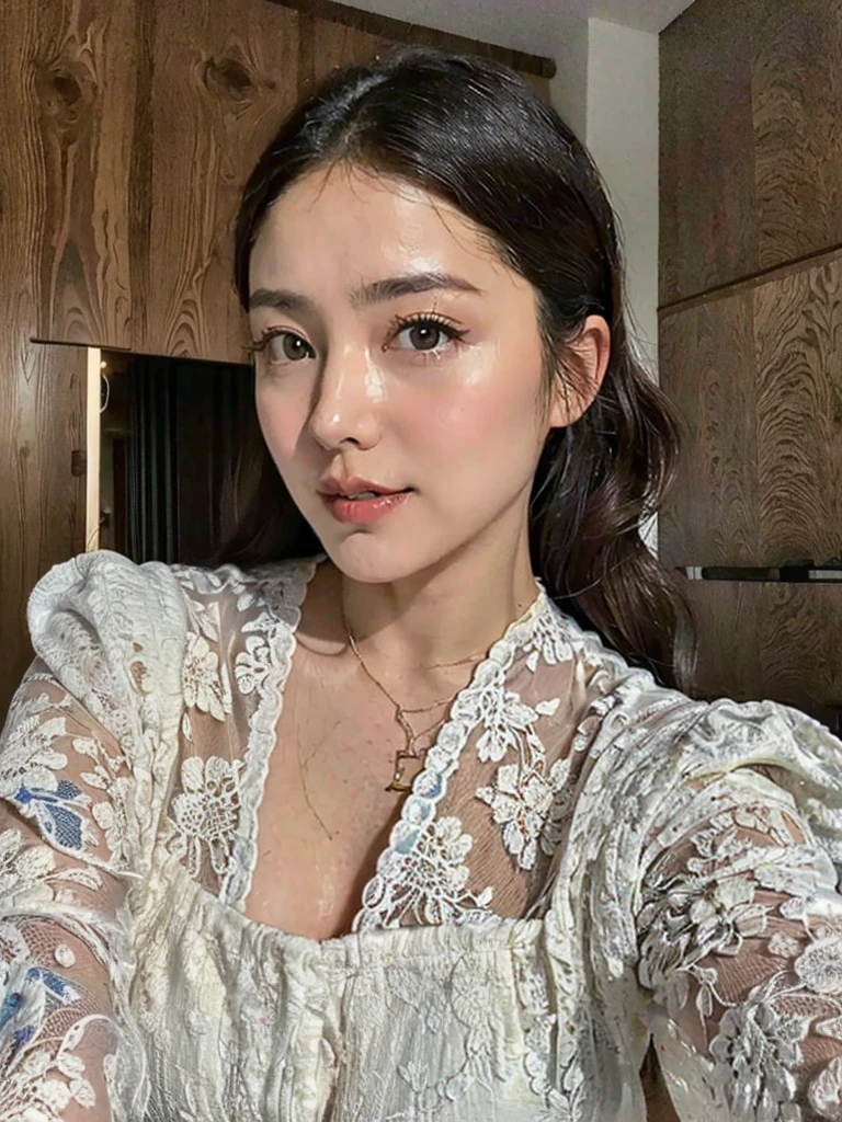 (best quality,8k,highres,masterpiece:1.2), realistic, photorealistic:1.37, UHD, studio lighting, sharp focus, extreme detail description, professional, vivid colors, bokeh, portraits, extremely detailed face texture, beautiful detailed eyes, beautiful detailed lips, extremely detailed hair, dark colored hair, youthful appearance, big round breast, cleavage, proportional eyes, seducing smile, clean and natural face, no makeup, bare face, indonesian face,