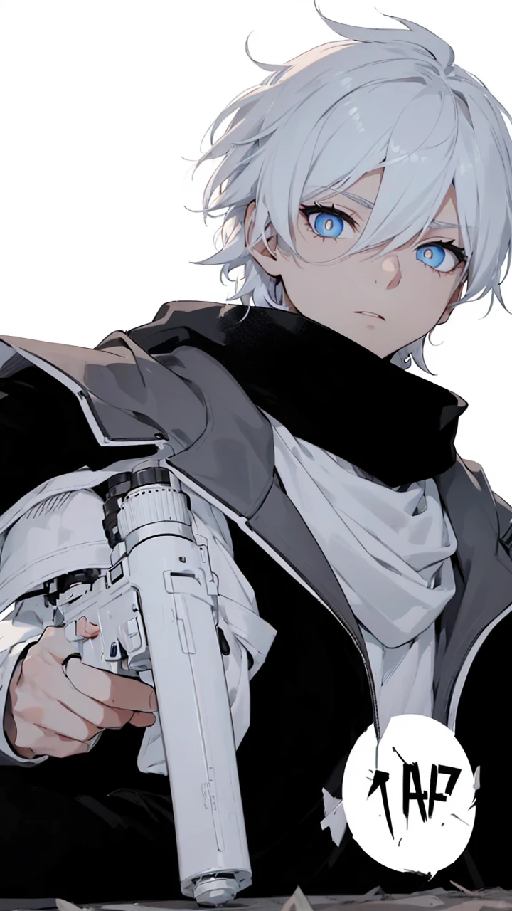 Boy with white hair;
shorth hair;
Messy hair;
eye white;
Some gun sight marks on the pupils;
wear black pants;
black jersey;
A white sweater;
A white scarf;
Snow white pupils The sniper is also white in color There&#39;s a white sniper on the back;


He is lying on the ground aiming with the sniper Right hands Symmetry Best quality No errors 

Sniper na mão 