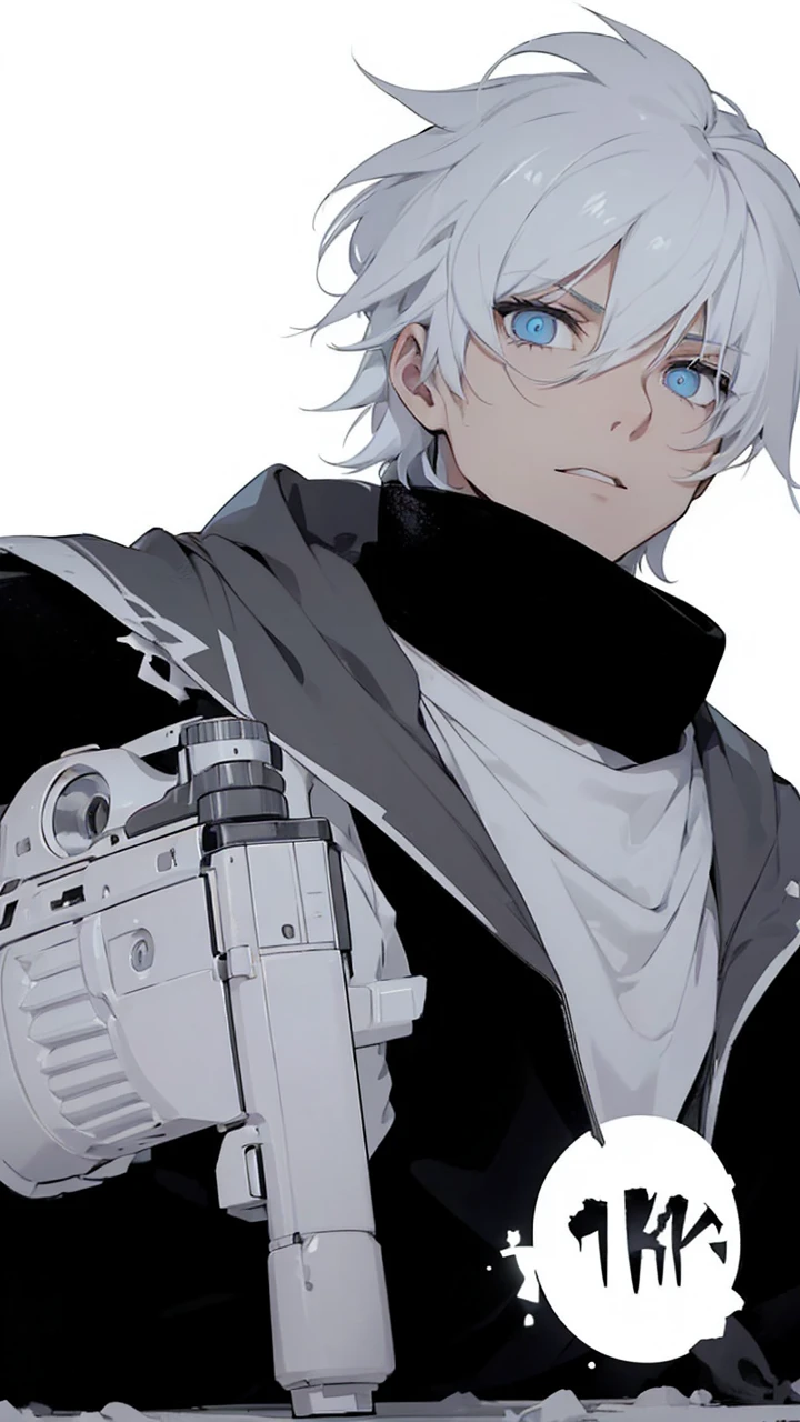 Boy with white hair;
shorth hair;
Messy hair;
eye white;
Some gun sight marks on the pupils;
wear black pants;
black jersey;
A white sweater;
A white scarf;
Snow white pupils The sniper is also white in color There's a white sniper on the back;
He is lying on the ground aiming with the sniper Right hands Symmetry Best quality No errors
Sniper na mão