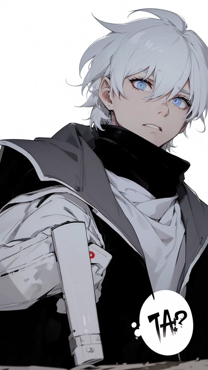 Boy with white hair;
shorth hair;
Messy hair;
eye white;
Some gun sight marks on the pupils;
wear black pants;
black jersey;
A white sweater;
A white scarf;
Snow white pupils The sniper is also white in color There&#39;s a white sniper on the back;


He is lying on the ground aiming with the sniper Right hands Symmetry Best quality No errors 

Sniper na mão 