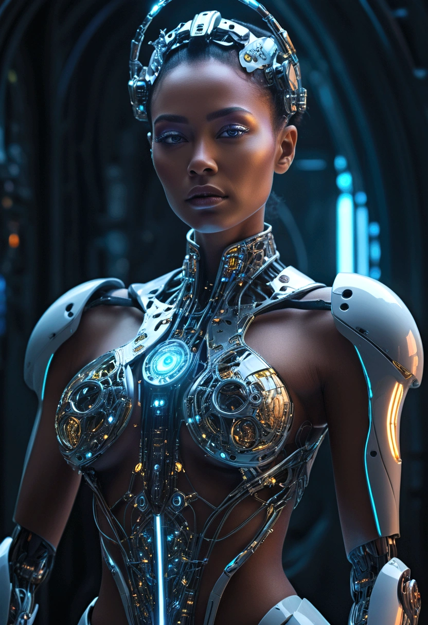 Futuristic queen, cybernetic body, robotic exoskeleton, glowing neon circuits, advanced technology, sci-fi landscape, dramatic lighting, ethereal atmosphere, intricate details, glossy metal surfaces, piercing gaze, sharp facial features, elegant posture, imposing presence, stunning visual effects, cinematic composition, hyper-realistic, stunning 8k, masterpiece