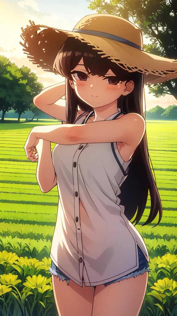 True Face stand alone afternoon bright from the front straight Low length Cowboy Shot Place your arms behind your head countryside Beautiful views Straw hat Please show me your armpit hair beauty blush Summer evening Paddy field Place your hands behind your head About elementary school students smile Shorts