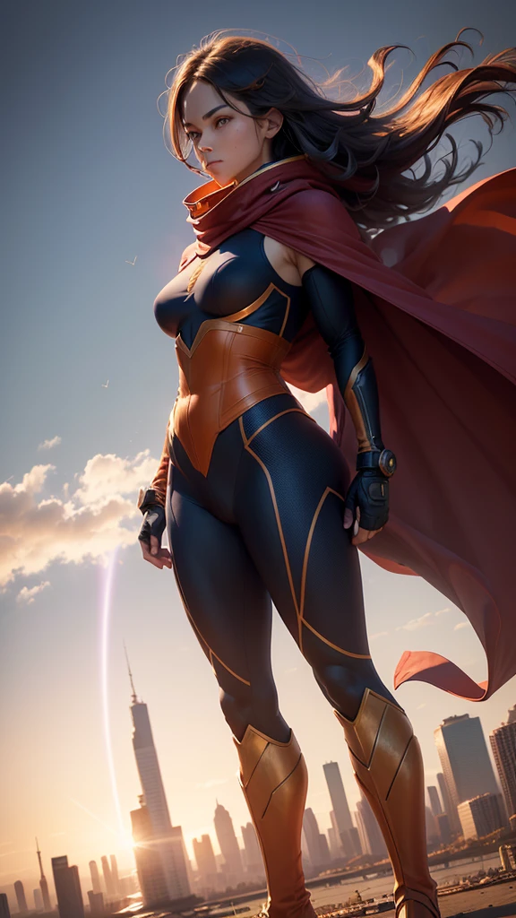 Tight suit in blue and red tones with the iconic symbol "S" On the chest.
- Red cape fluttering in the wind, long and majestic.
- High boots and gloves, both in red, that complement the suit.
- Thin yellow belt that defines the waist.
- Standing, with a firm and confident posture, hands on hips.
- Flying over a city with a determined look.
- In a dynamic pose, ready for action, with one arm extended and the other flexed.
- Determined and confident look, transmitting both power and compassion.
- A soft but confident smile can add warmth and bring the character closer.
- Metropolitan city at sunset, with skyscrapers and a sky that mixes orange and purple tones.
- A cosmic scene with planets and stars, showing your connection to the universe.
- A post-battle landscape with destroyed elements, highlighting her role as protector.
- Soft, warm light that highlights the textures and details of the suit.
- Shadows that accentuate the muscles and figure, creating a dramatic contrast.
- Light effects that suggest energy and power emanating from the character.
- Hair blowing in the wind, adding dynamism.
- Visual effects such as flashes of light or auras that enhance your power.
- Add moving elements, like the cape and hair, to give life and energy to the image.