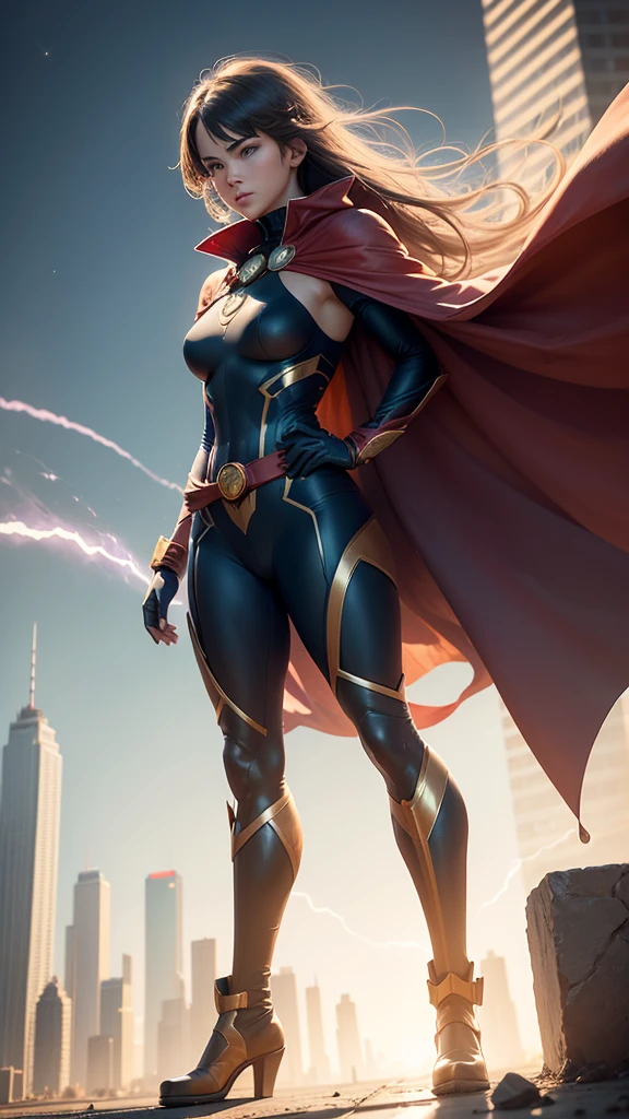 Tight suit in blue and red tones with the iconic symbol "S" On the chest.
- Red cape fluttering in the wind, long and majestic.
- High boots and gloves, both in red, that complement the suit.
- Thin yellow belt that defines the waist.
- Standing, with a firm and confident posture, hands on hips.
- Flying over a city with a determined look.
- In a dynamic pose, ready for action, with one arm extended and the other flexed.
- Determined and confident look, transmitting both power and compassion.
- A soft but confident smile can add warmth and bring the character closer.
- Metropolitan city at sunset, with skyscrapers and a sky that mixes orange and purple tones.
- A cosmic scene with planets and stars, showing your connection to the universe.
- A post-battle landscape with destroyed elements, highlighting her role as protector.
- Soft, warm light that highlights the textures and details of the suit.
- Shadows that accentuate the muscles and figure, creating a dramatic contrast.
- Light effects that suggest energy and power emanating from the character.
- Hair blowing in the wind, adding dynamism.
- Visual effects such as flashes of light or auras that enhance your power.
- Add moving elements, like the cape and hair, to give life and energy to the image.