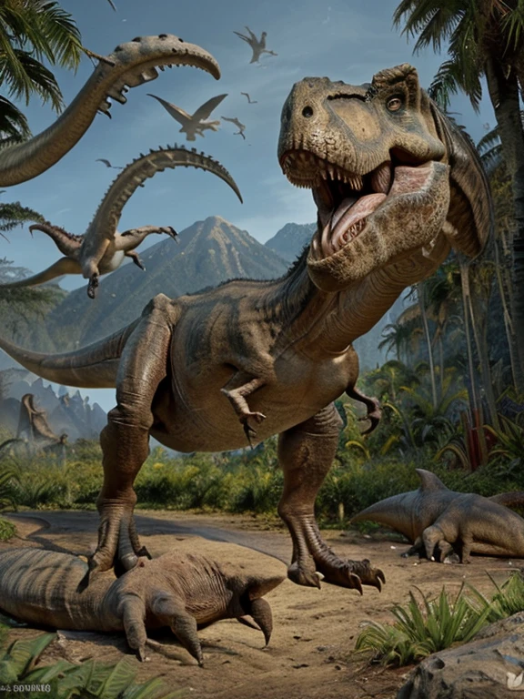 Prehistoric background with many dinosaurs.