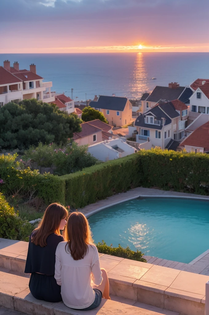 Watercolor lighting of two young women in an incredible sunset, sitting talking and admiring the landscape. On a high hill facing the sea and houses in the background