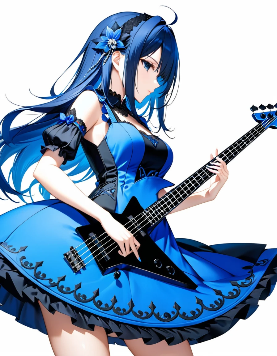 (((White background:1.5)))、(very wide shot)、(masterpiece、Ultra HD、Highest quality、Masterpiece、4K:1.2)、Slender body、Playing a black electric bass,(Instruments reflect the whole)、Scandinavian Metal Girl, Intricate details, Highly detailed eyes, Highly detailed fingers、Blue semi-long hair、Blue Gothic Dress, Intricate details、Are standing、Dynamic movement、profile
