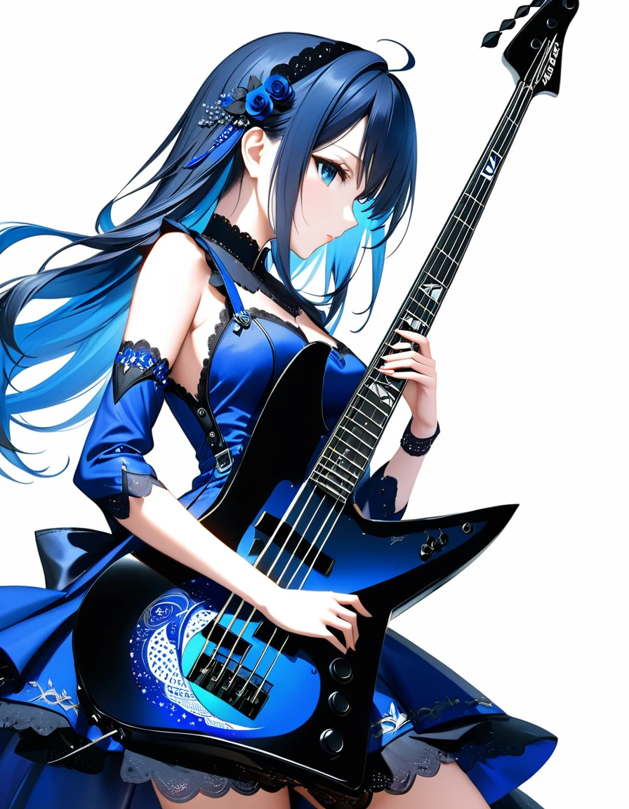 (((White background:1.5)))、(very wide shot)、(masterpiece、Ultra HD、Highest quality、Masterpiece、4K:1.2)、Slender body、(Playing a black electric bass),Scandinavian Metal Girl, Intense gaze into the camera, Intricate details, Highly detailed eyes, Highly detailed fingers、Blue semi-long hair、Blue Gothic Dress, Intricate details、Are standing、Dynamic movement