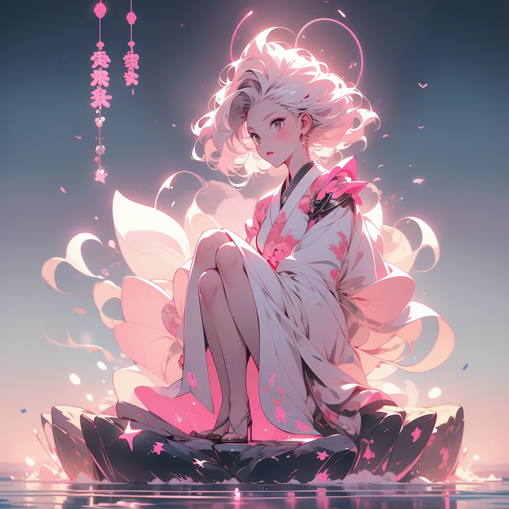 Full body image, woman, muscular body, short white curvy hair, sit pose, armor demoniac, black and pink, night and beach background , shining pink, persona 3 style, Japanese writing on the edges with Shangri-La written on the top.