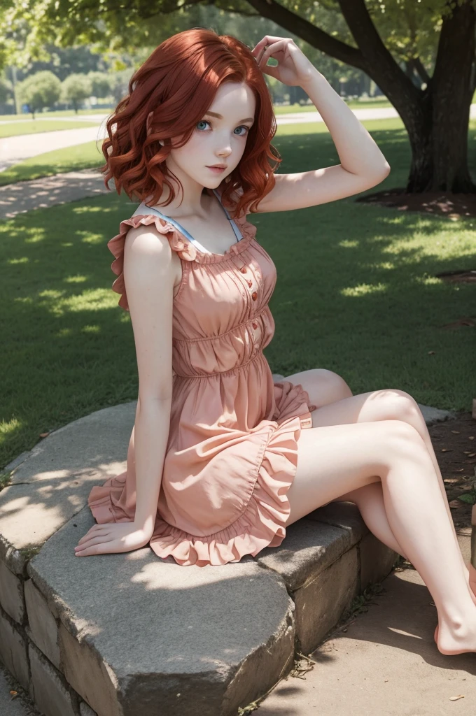 red wavy bob hair, one teen girl, pale skin, blue eyes, short frilled peach color dress, barefoot, in the park, sitting portrait, anatomically correct, two arms, two legs