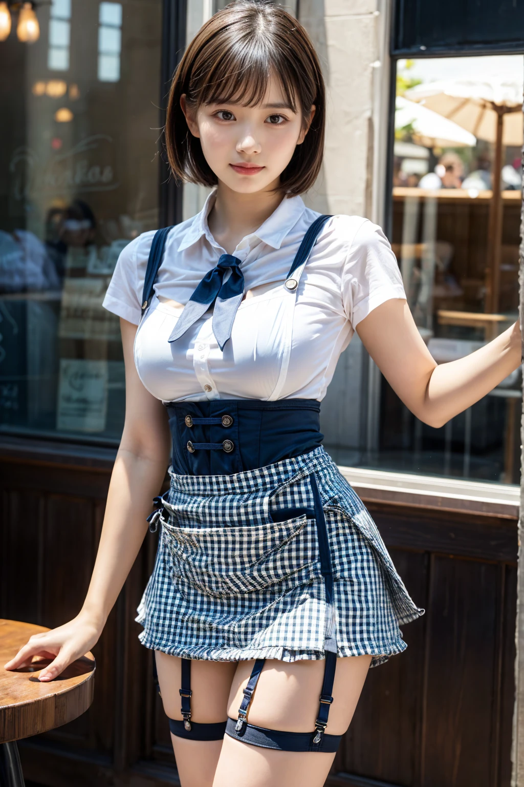 masterpiece, best quality, ultra high res, (photo realistic:1.6), 1girl, (short hair:1.5), (round face:1.3),(gingham-check suspender-apron:1.3), (solid-blue high-waist skirt:1.3), (apron over skirt:1.2), (white blouse:1.3), (double-breasted,underbust:1.2), short sleeves, button gap, (solid-blue bow-tie:1.2), (Plumpy body:1.2), (smooth skin:1.1), dynamic pose, (breasts:1.2), cafe, Restaurant,