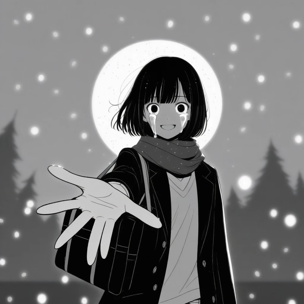 masterpiece, best quality, 1girl, mamerakkkkko, grayscale, manga style, japanese, chi no wadachi, black eyes, street, iced, black hair, schoolbag, smile, lineart, black coat, black scarf, black pleated skirt, leggins, centered, 18 years old, tall, fair skinned, bokeh background, crying, tears, tears streaming, bob cut, light particles, centered, snowing, (((reaching out left hand to viewer, perfect hand, detailed hand:1.1)), emotional anime scene