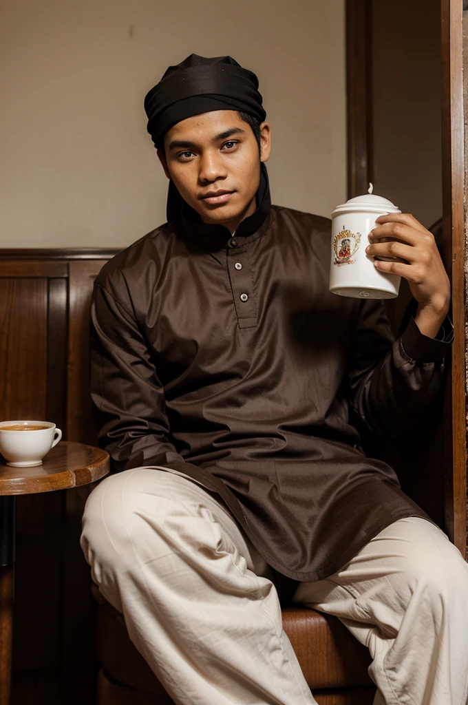 Photo of a young man wearing typical Indonesian Muslim clothing sitting with coffee and a globe with his face facing the camera
