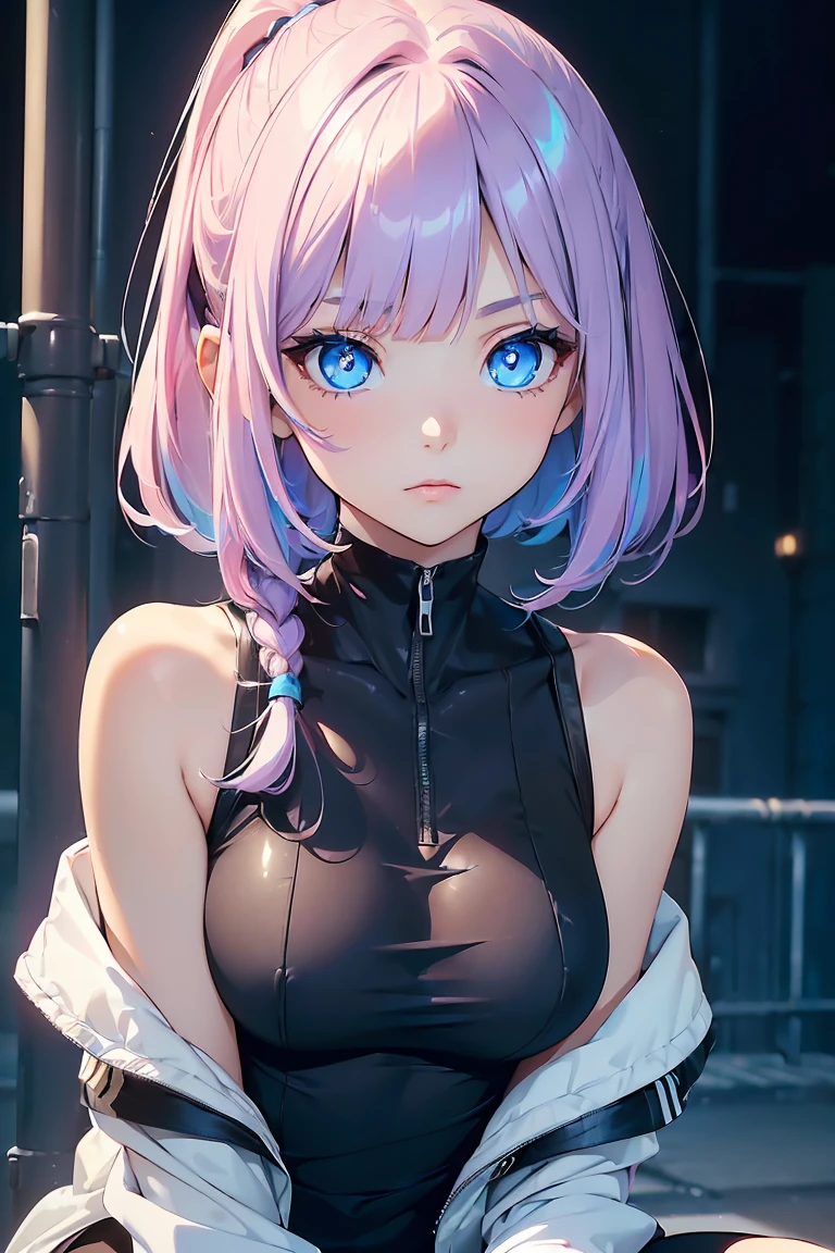 a girl with white and purple ombre hair, wearing high-waisted jeans, detailed portrait, realistic, cinematic lighting, intricate details, colorful, stunning, ethereal, photorealistic, 8k, masterpiece