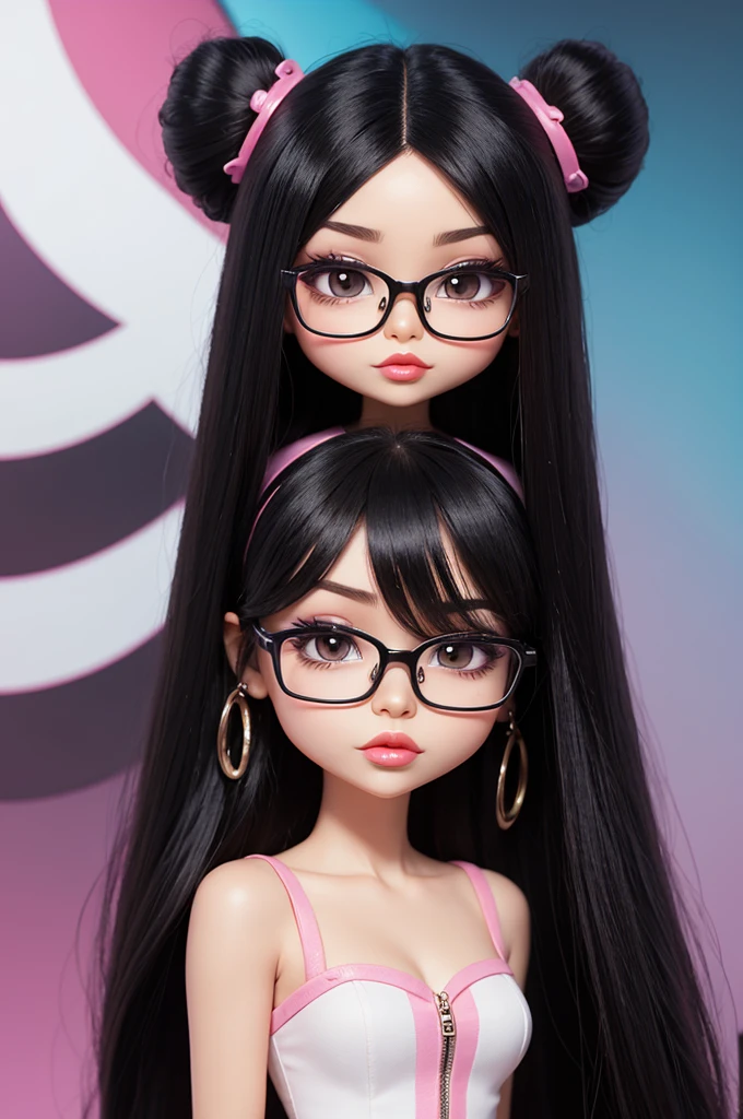 Bratz cartoon character with long black hair and wearing glasses