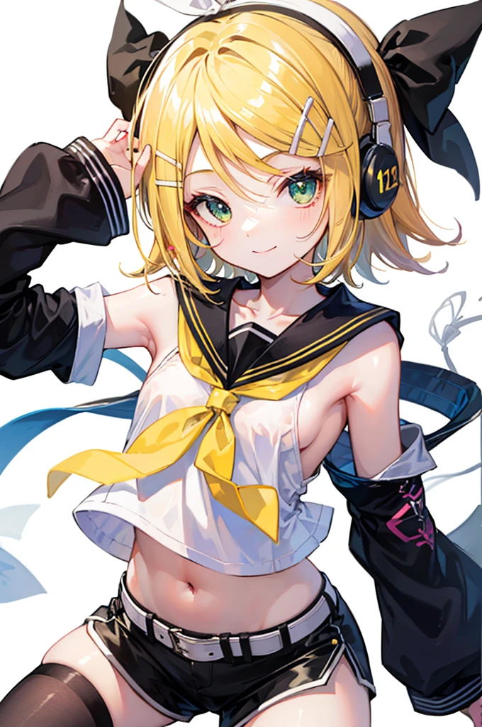 Nipples　Female organ　Expose　Tucked up　Highest quality, Ultra-precision, One Girl, (Kagamine_Also), Green Eyes, cute, short hair, White Hair Ribbon, Barrette, Headphones, Blonde, Sailor suit, Black shorts, belt, Yellow neckerchief, No sleeve, smile, high school student, sister, White Background