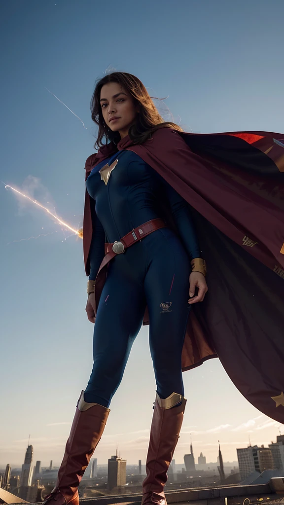 Tight suit in blue and red tones with the iconic symbol "S" On the chest.
- Red cape fluttering in the wind, long and majestic.
- High boots and gloves, both in red, that complement the suit.
- Thin yellow belt that defines the waist.
- Standing, with a firm and confident posture, hands on hips.
- Flying over a city with a determined look.
- In a dynamic pose, ready for action, with one arm extended and the other flexed.
- Determined and confident look, transmitting both power and compassion.
- A soft but confident smile can add warmth and bring the character closer.
- Metropolitan city at sunset, with skyscrapers and a sky that mixes orange and purple tones.
- A cosmic scene with planets and stars, showing your connection to the universe.
- A post-battle landscape with destroyed elements, highlighting her role as protector.
- Soft, warm light that highlights the textures and details of the suit.
- Shadows that accentuate the muscles and figure, creating a dramatic contrast.
- Light effects that suggest energy and power emanating from the character.
- Hair blowing in the wind, adding dynamism.
- Visual effects such as flashes of light or auras that enhance your power.
- Add moving elements, like the cape and hair, to give life and energy to the image.
