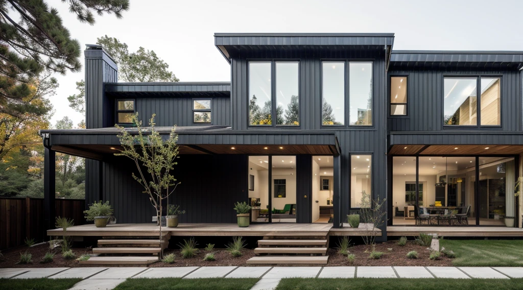 house exterior industry style, dark yellow and green color scheme, like an oldtime industry factory,raw materials, exposed structural elements, and simple, clean lines,rough-hewn steel, polished concrete, glass, and exposured brick,
