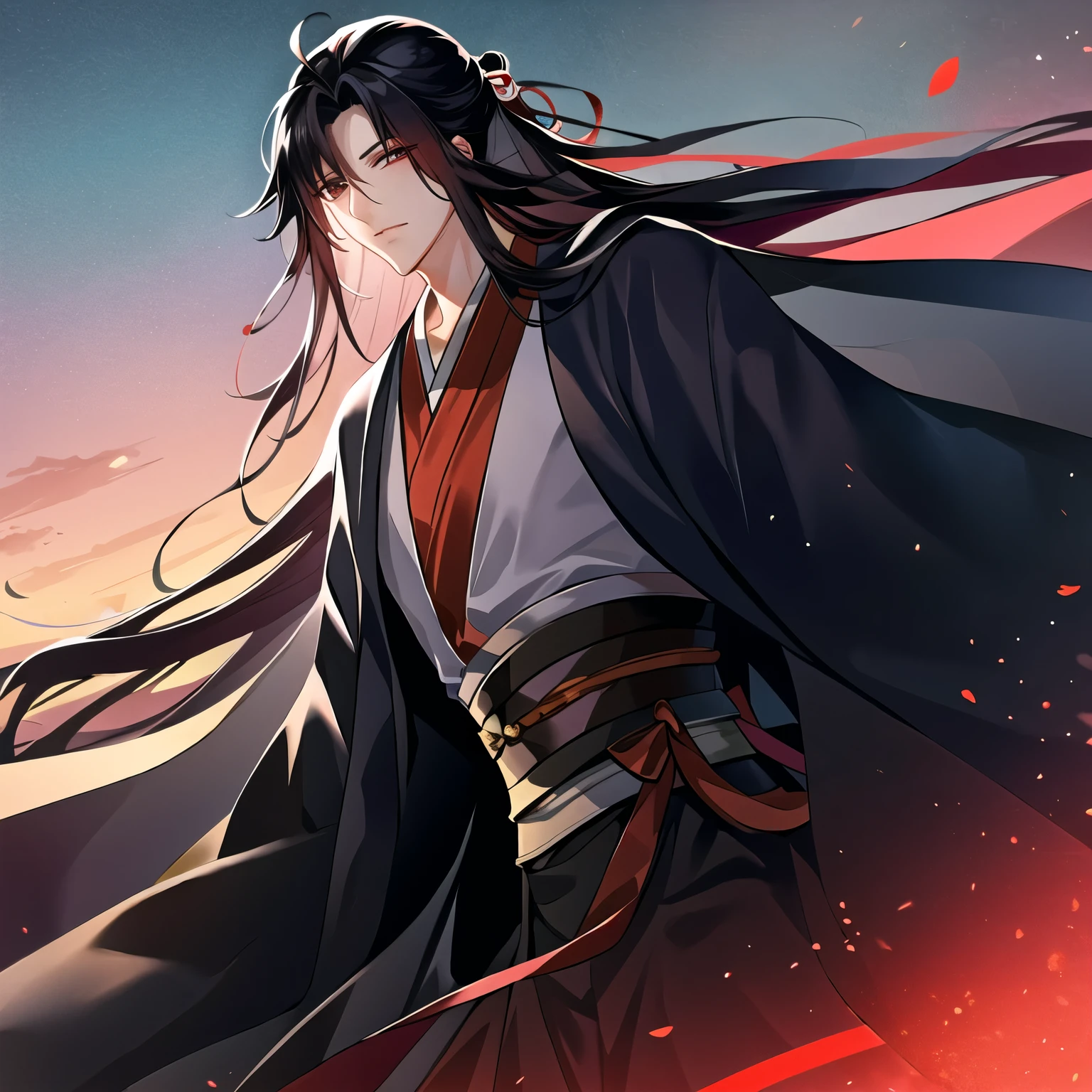 (masterpiece, best quality:1.2), 1male, solo, wei wuxian, mo dao zu shi, mdzs, black clothes, grey eyes, long black hair, perfect anatomy