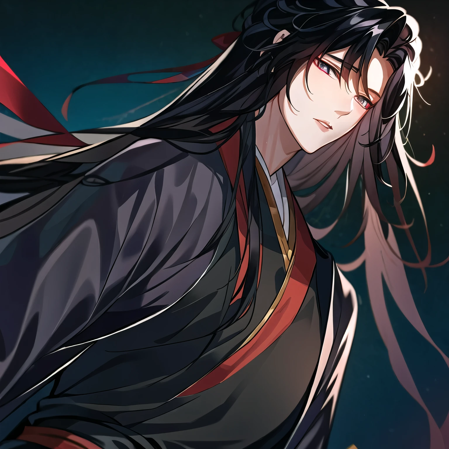 (masterpiece, best quality:1.2), 1male, solo, wei wuxian, mo dao zu shi, mdzs, black clothes, grey eyes, long black hair, perfect anatomy