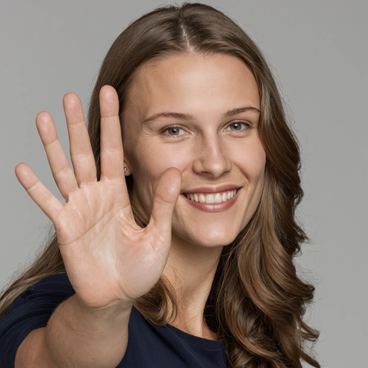 Verification portrait photo, right hand appears in the image