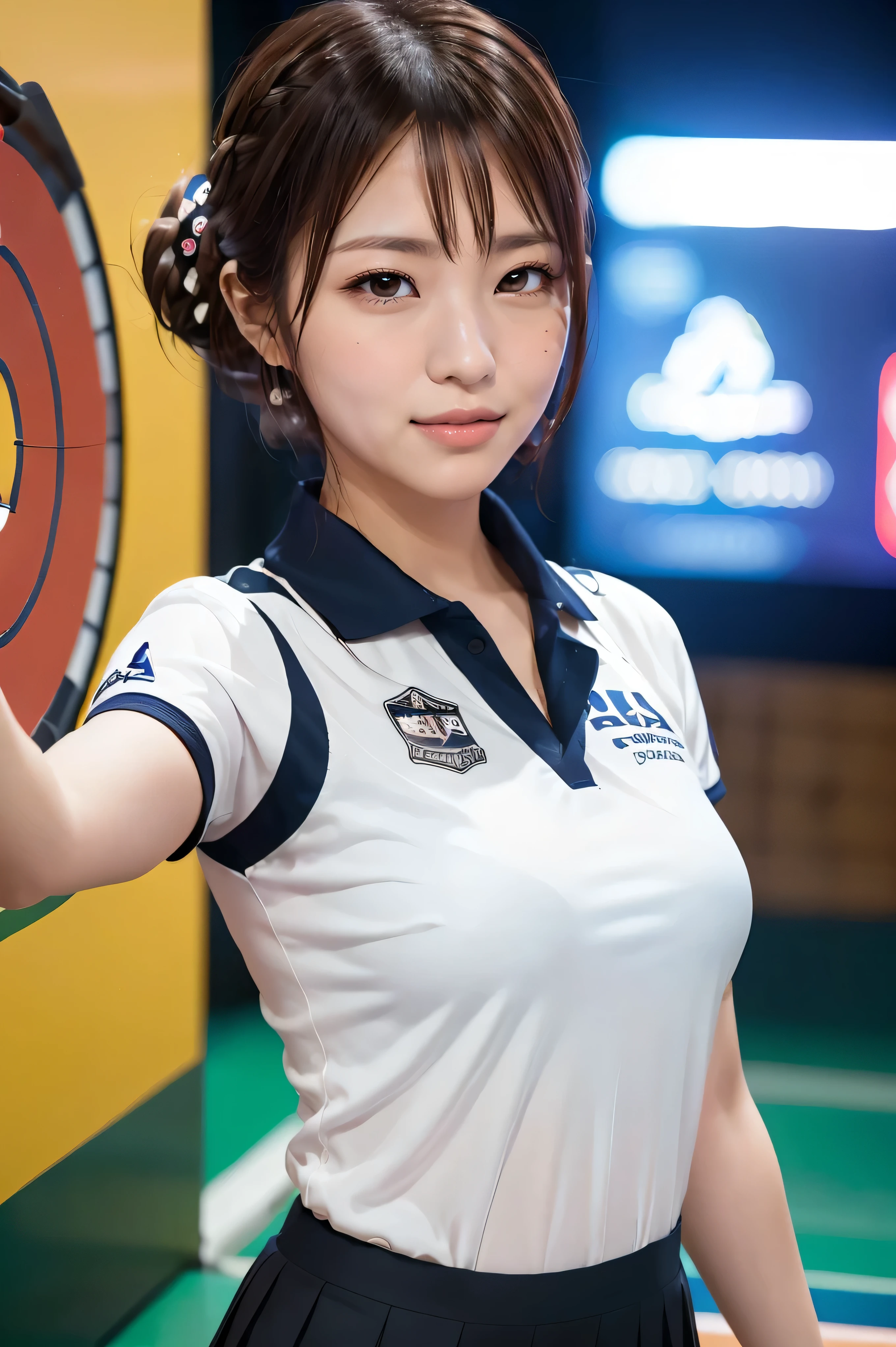 (((1girl:1.3))), ((23yo:1.3)), 
((up-do Hairstyle:1.5)), 
((medium large breasts:1.3)), (Accentuated breasts:1.3, film breasts, nicely shaped breasts:1.1, perfect body, sweaty skin:1.3), 
BREAK 
(darts uniform(Navy-theme, polo-shirt with darts logo print, cool, design with white lines, white pleated mini skirt):1.3), 
((holding a darts with Aiming at the target:1.2)), looking sideway at a bull, (seductive smile:1.2), 
BREAK 
((Please create a photo that conveys her serious expression and the sense of realism at the moment she is taking aim at the target in darts var:1.3)),
BREAK 
(faded photo:1.3), (film grain:1.3), depth of field, (bokeh:1.1), (light and shadow:1.4),
((Upper body shot:1.2)), ((from front:1.3)), 