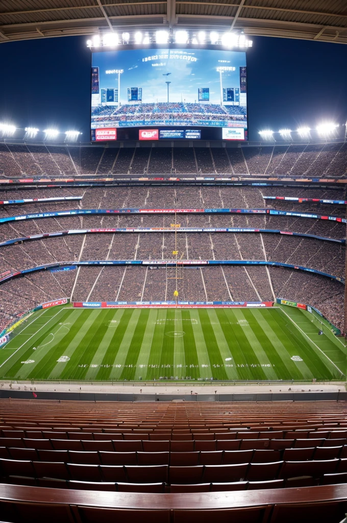 A football stadium with fans and a big screen, advertising plaques