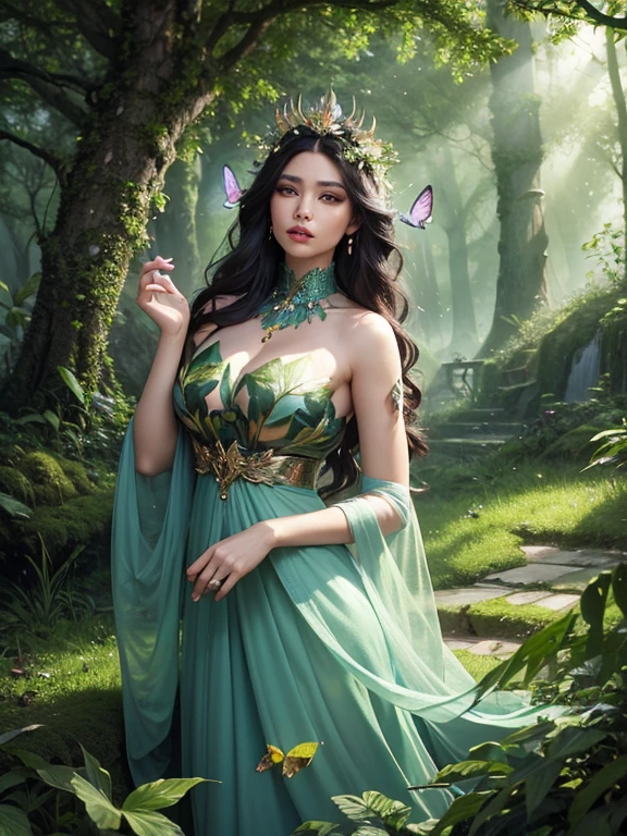 , beautiful vegetation, animal butterflies, contemplating his queen:1.5)), a beautiful forest at dawn, idyllic, magical, majestic, epic lighting, 8k, detailed face, detailed eyes, detailed lips, long eyelashes, beautiful dress, serene expression, lush foliage,