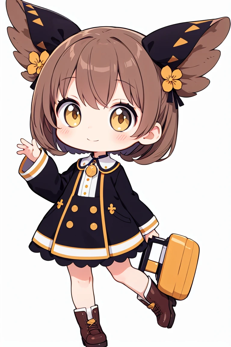 chibi, flat color, solo, full body, cute, (highest quality), light brown hair, yellow eyes, Beautiful Eyes, smile, white background, (masterpiece)