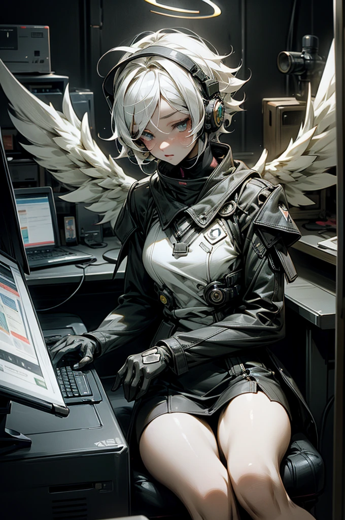 anime style, super fine illustration, highly detailed, dynamic angle, beautiful detailed, 8K, At night, in a dark room, Blake. A woman sits in front of her computer, unable to sleep. BREAK She is wearing a headset with a microphone and holding a video game controller, BREAK She is playing a game.God,Angel wings,goggles,God game,white hair,Angel Halo,perfect face,perfect hands,short hair,sharp eyes,perfect contoroller,Insanity,8k quality,Break on desktop,