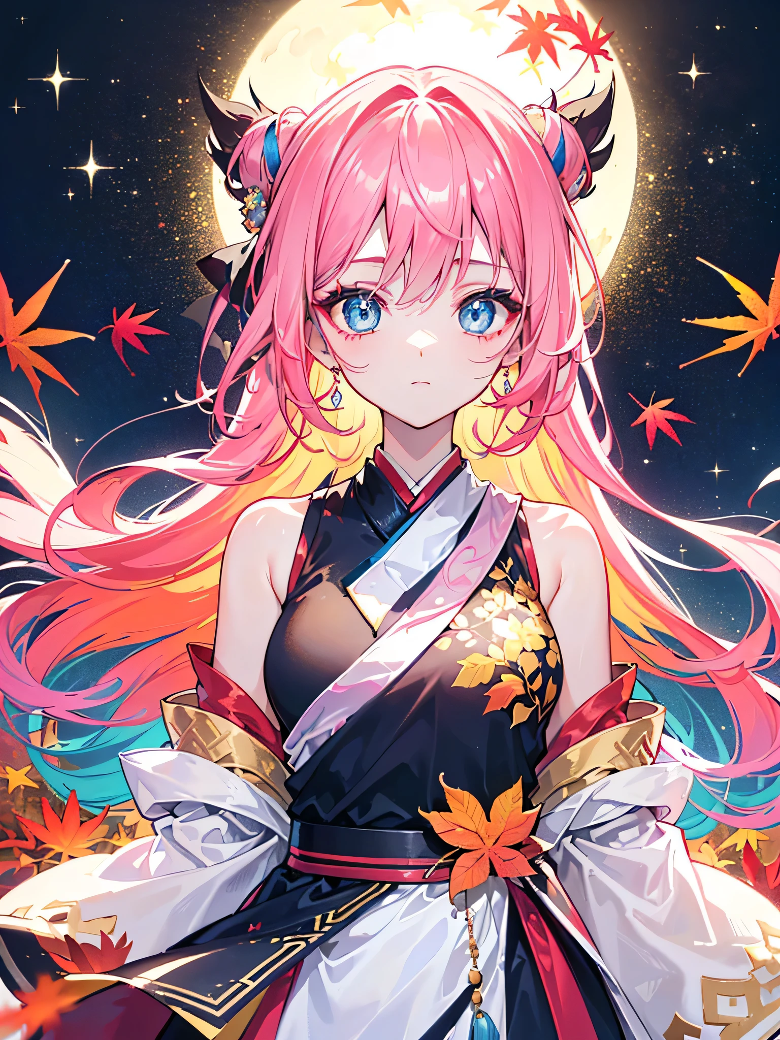 (Masterpiece), (Best Quality), (Super Detailed), (Dirty Hair), (Illustration), (1 Girl) (Long Pink Hair 1.5) (Blue Eyes) (Double Ponytail 2.0), ((((No Shoulders))),Hanfu, (Looking at the Audience, (Interview), (Simple Background), Beautiful and Delicate Eyes, Delicate Beautiful Face, Soaring (High Saturation), (Colorful Glitter), Multi-colored Bubbles, (Glitter), Accent on Face, PerfectNwsjMajic, conservative clothes, Shoulderless, autumn clothes, facing the masses, perfect figure,