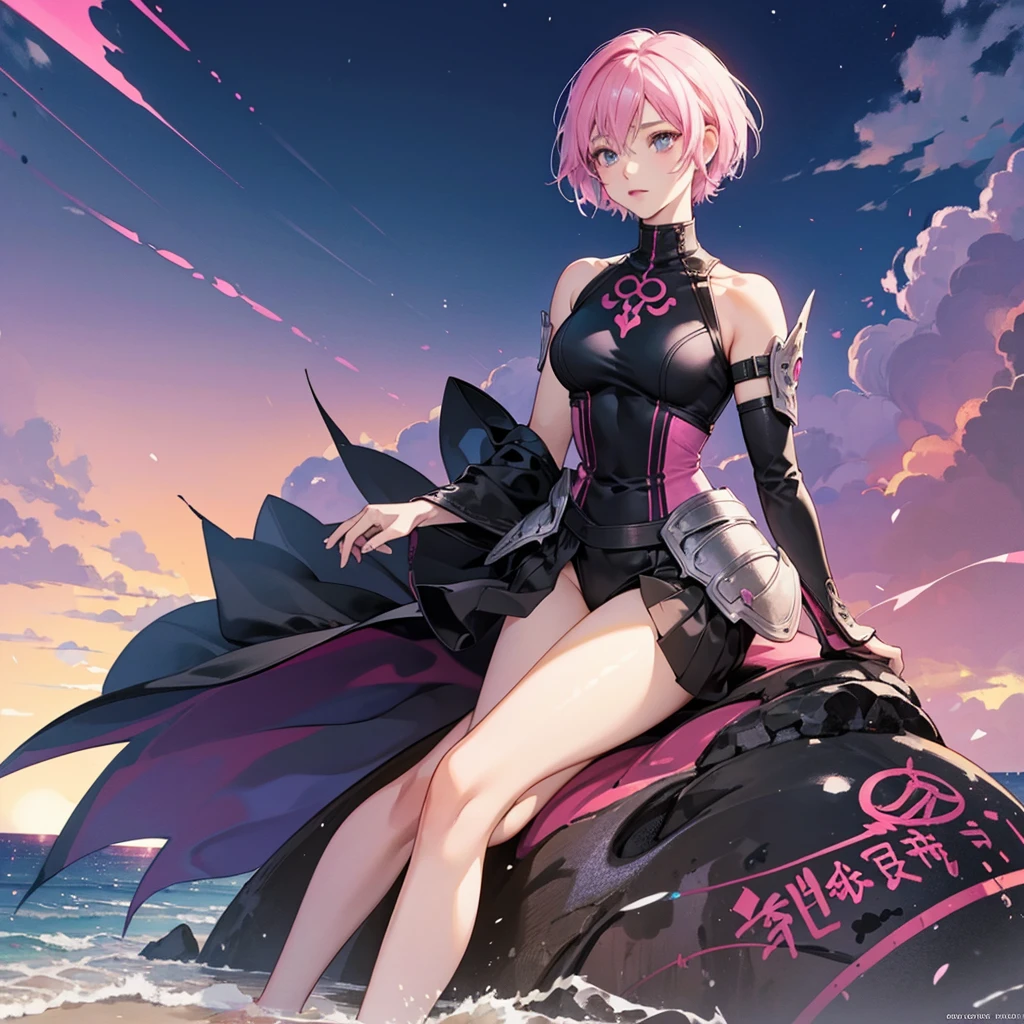 Full body image, woman, muscular body, short white curvy hair, sit pose, armor demoniac, black and pink, night and beach background , shining pink, persona 3 style, Japanese writing on the edges with Shangri-La written on the top.