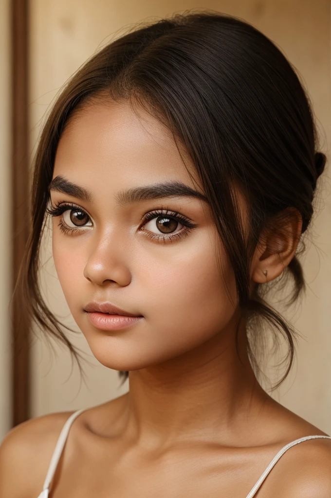 Make a 14 year girl with oval face , coffee tone of skin, big eyes , broad light eyebrows