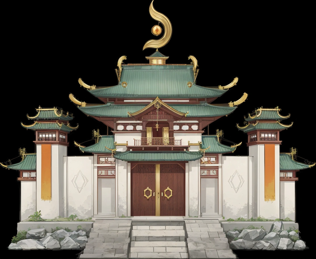 illustration of a chinese building with a clock on top, temple background, background depicting a temple, zen temple background, artwork in the style of z.w. gu, digital painting of a pagoda, cyberpunk chinese ancient castle, temple, 2d game asset, mysterious temple setting, onmyoji detailed art, a temple, 2 d game environment design