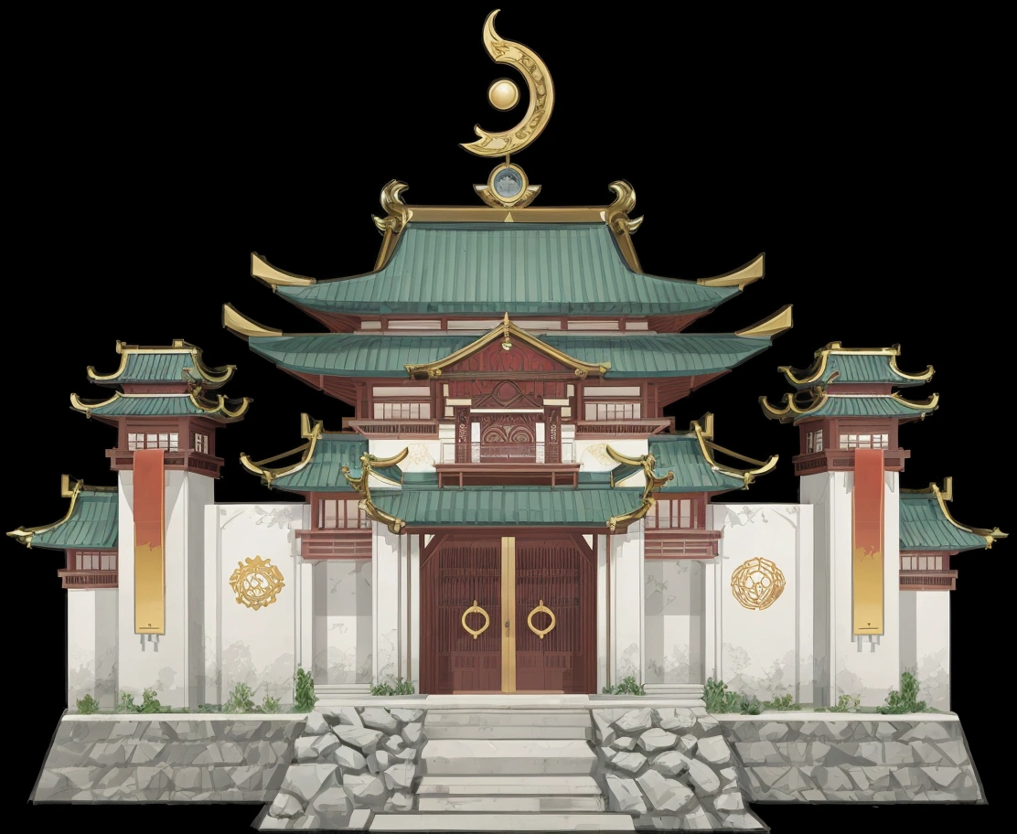 illustration of a chinese building with a clock on top, temple background, background depicting a temple, zen temple background, artwork in the style of z.w. gu, digital painting of a pagoda, cyberpunk chinese ancient castle, temple, 2d game asset, mysterious temple setting, onmyoji detailed art, a temple, 2 d game environment design