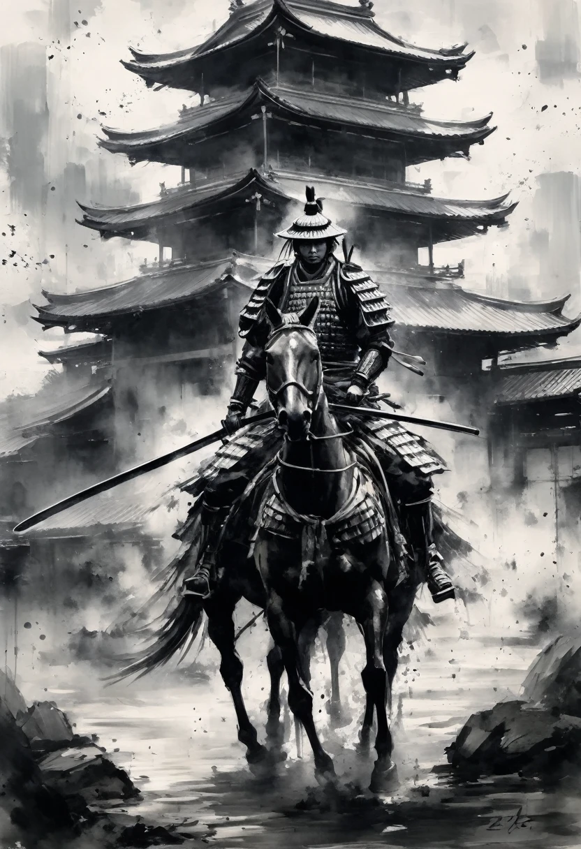 Black and white painting,Ink Painting,(samurai armor),(Japanese Armor),japanese spear,Warrior,Armored horse,horse riding,Torii gate in the background,thigh focus,